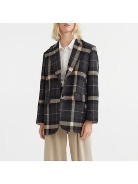 H&M Black and Cream Plaid Wool Blend Peacoat Medium